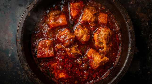 Close up of traditional Indonesian beef rendang or spicy meat dish with rich chili sauce