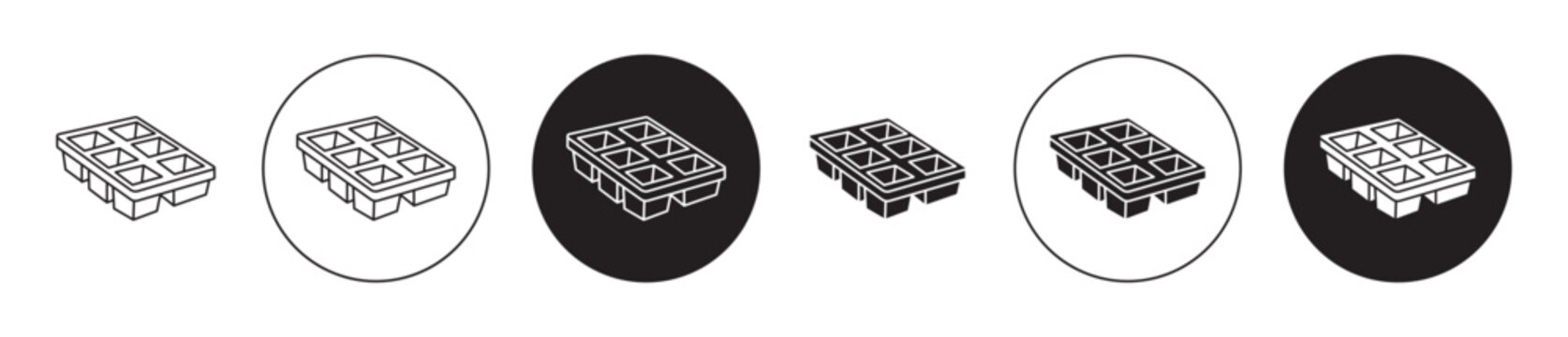 Ice cube plastic container icons collection in black filled and stroke line style