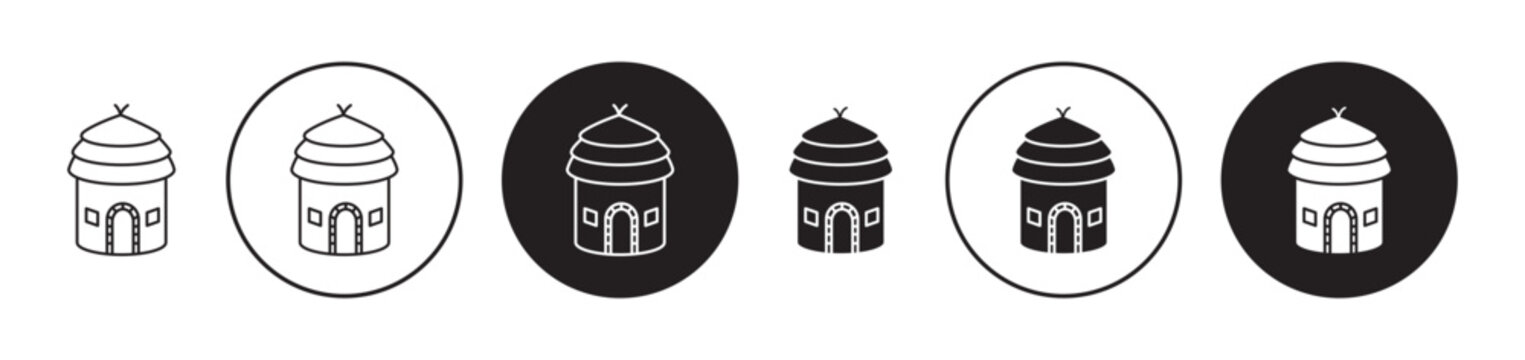 Mud hut icons collection in black filled and stroke line style