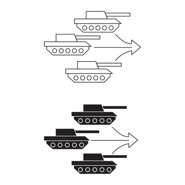 Military tank army invasion vector icon set with directional arrows.Editable stroke, Vector illustration, Line art Icon, Symbols.