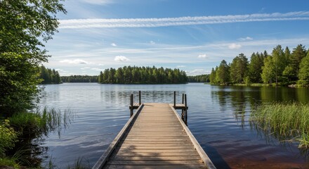 Fototapeta premium Wooden pier extends over lake with trees under bright blue sky