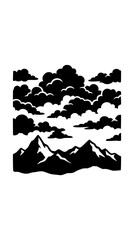 Fototapeta premium Black and white mountain range with clouds silhouette illustration