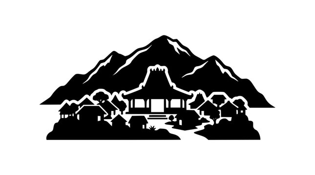 Black and White Silhouette of a Traditional Village and Mountain Landscape