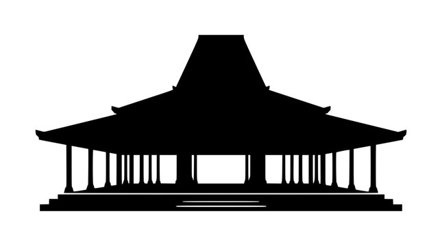Traditional Javanese Joglo House Silhouette Isolated on White Background