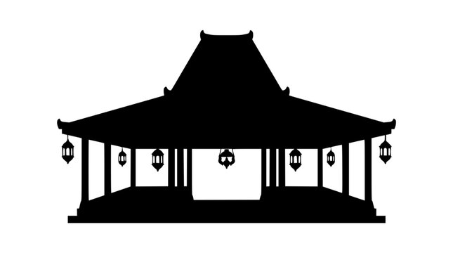 Traditional Javanese Joglo House Silhouette with Hanging Lanterns on White Background