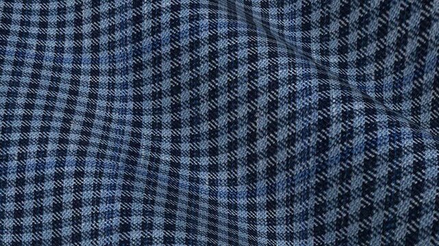 Italian Blue Houndstooth Plaid Wool Linen Silk Fabric rippling in beautiful waves of vivid color and premium lightweight tailoring material texture