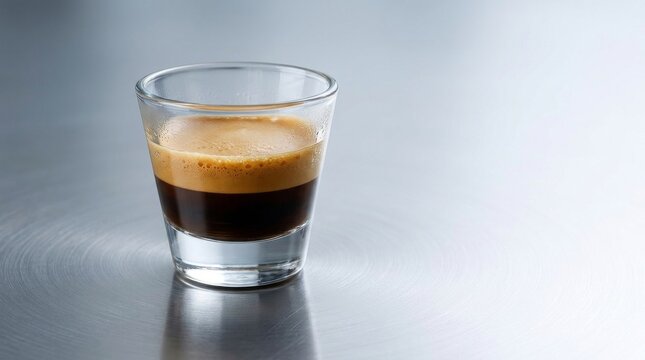 Fresh espresso shot with thick golden crema in a clear faceted glass against a clean white minimalist background