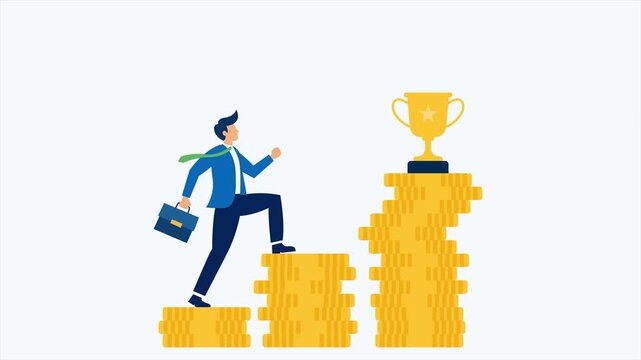 Animated businessman climbing an upward financial chart like a mountain motion graphic