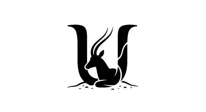 Elegant gazelle silhouette inside letter U design.