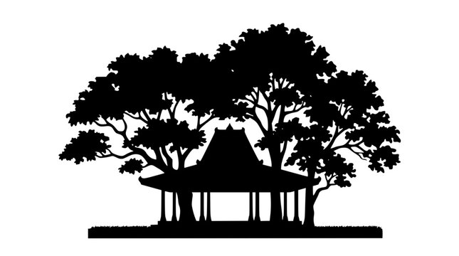 Silhouette of Traditional Javanese Joglo House and Trees in the Forest