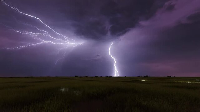 Dramatic Lightning Storm Over Night Meadow 4K Generative AI