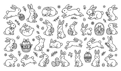 Fototapeta premium Easter Bunny Rabbit Outline Set Isolated on Transparent Background Decorative Vector Collection