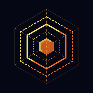 Abstract golden hexagon spider chart displaying data metrics on a dark background for technical illustration
