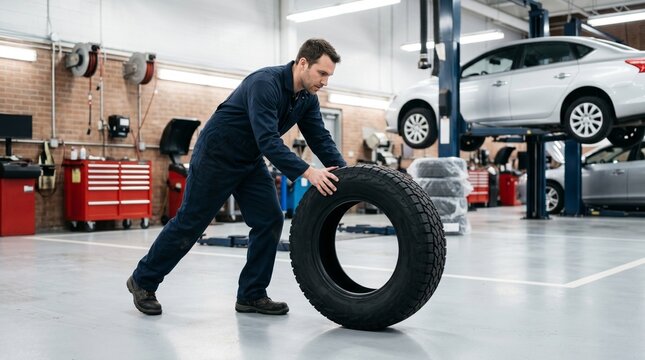 Mechanic rolls tire in automotive shop during busy afternoon work shift in a car repair center