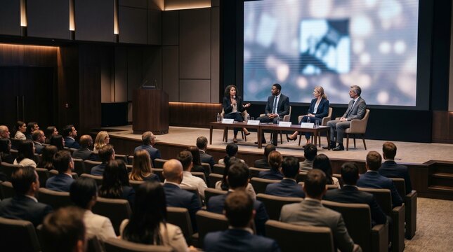 Panel discussion takes place in a conference hall filled with audience members listening closely to speakers on stage