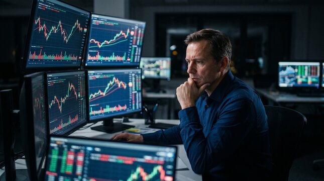 Trader analyzes financial data from multiple screens in a busy office during evening hours