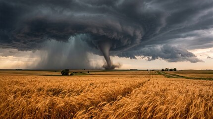 Fototapeta premium Tornado touches down in open field with dark storm clouds overhead during late afternoon hours