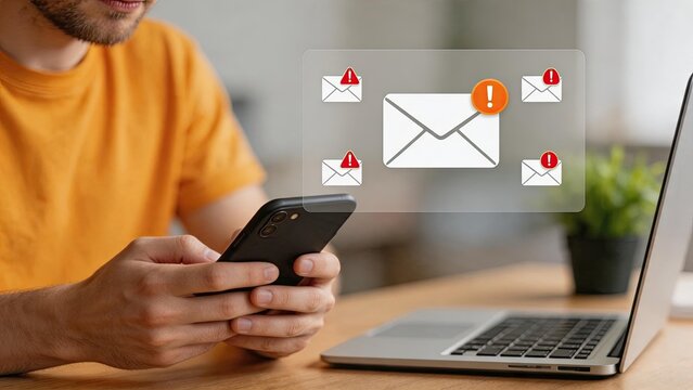 Person holding phone with urgent email notifications and warning signs, symbolizing inbox overload, spam alerts, important messages, digital communication stress