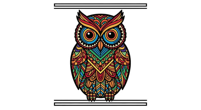 Colorful Owl Mandala Art, Intricate Geometric Patterns, Tribal Style, Whimsical Bird