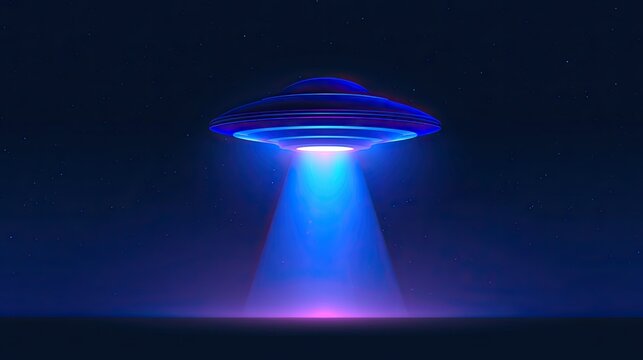 Futuristic flying saucer beams brilliant blue light onto a dark, starry landscape