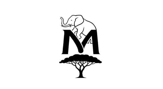 Elephant and Tree Forming Letter M Logo Design.