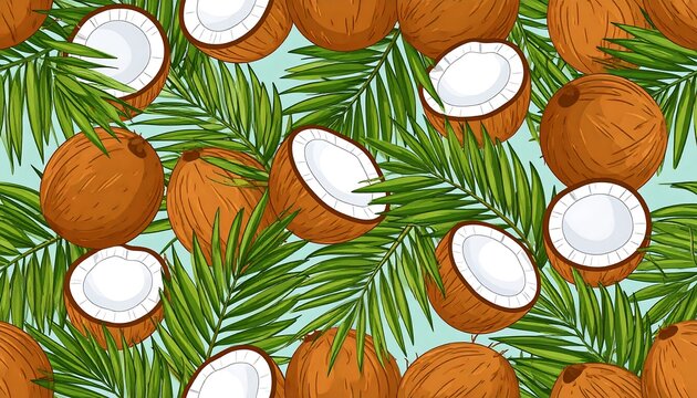 A seamless pattern featuring a repeating arrangement of brown coconuts and green palm fronds on a light blue background