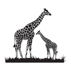 Obraz premium Giraffe Mother and Calf Silhouette in Grass