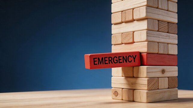 Red emergency block protruding from wooden Jenga tower symbolizing crisis risk instability warning danger urgency contingency planning disaster preparedness financial collapse