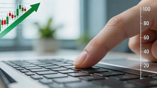 Close up finger pressing keyboard key with rising green stock candlestick chart arrow indicating positive market trend financial gain profit increase trading success bullish