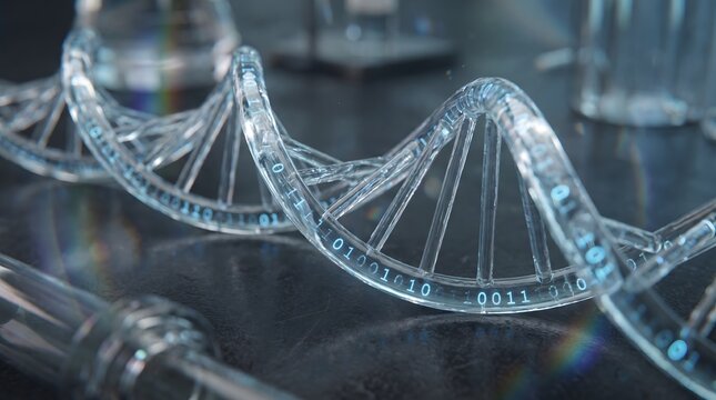 Model DNA Transparan dengan Kode Biner di Meja Laboratorium