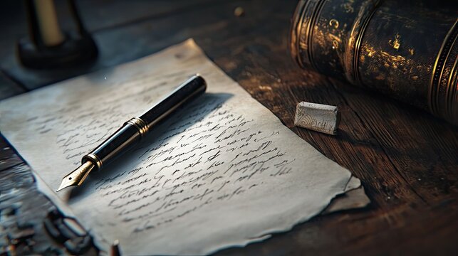 Elegant pen rests on handwritten letter, old book nearby