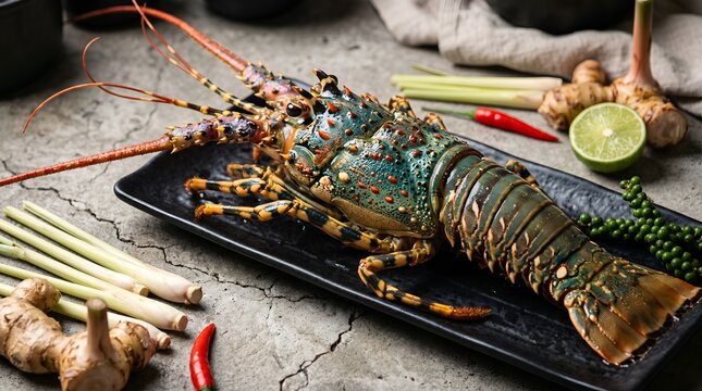 Fresh spiny lobster on black plate with lemongrass and ginger