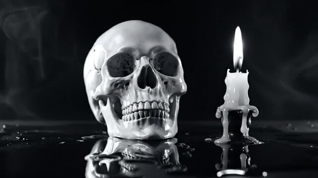 Spooky still life composition featuring a skull and candle on a reflective surface in a dark, atmospheric setting.
