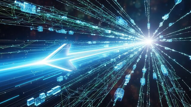 Futuristic digital tunnel with glowing blue light rays and binary code motion blur effect