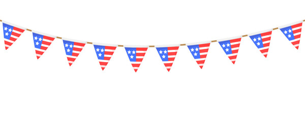 Obraz premium USA flag garland chain. American flags pennon string decoration for Independence day banner, July 4 party poster. White, blue, red bunting decor. Triangle pennants with stripes and stars. Vector