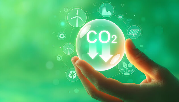 Hand holding a glowing bubble with co2 symbol and downward arrows, representing carbon reduction and sustainable energy solutions on green background