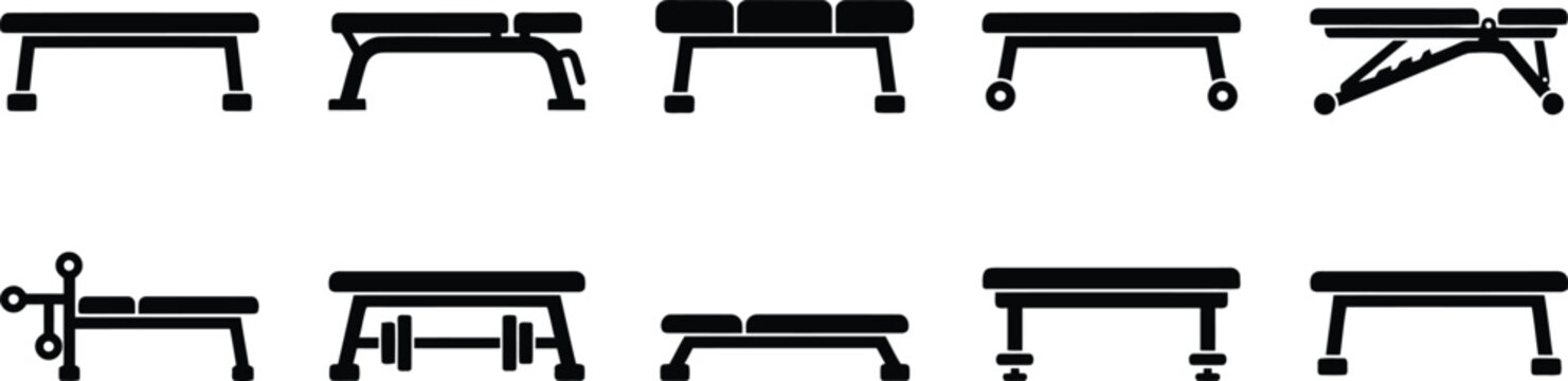 Black icons of various workout benches on white background