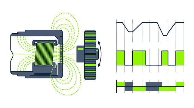 Diagram illustrating the working principle of an inductive proximity sensor and its signal output
