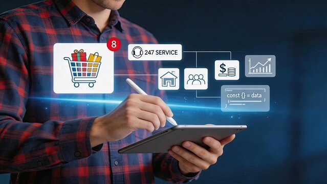 Man holding tablet with holographic ecommerce icons, online shopping cart, digital payment, customer service, data analytics, modern technology interface