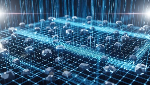 Digital data flow in futuristic cityscape with glowing blue network grid and particles