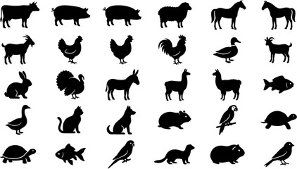 Obraz premium Set of farm and domestic animal silhouettes including livestock, birds, pets and wildlife icons. Vector illustration.