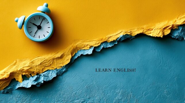 Alarm clock and torn paper with the phrase Learn English on a blue and yellow background
