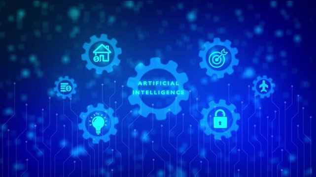 Artificial intelligence concept with interconnected gears and representing business innovation security finance and transportation on a vibrant blue abstract background with bokeh lights