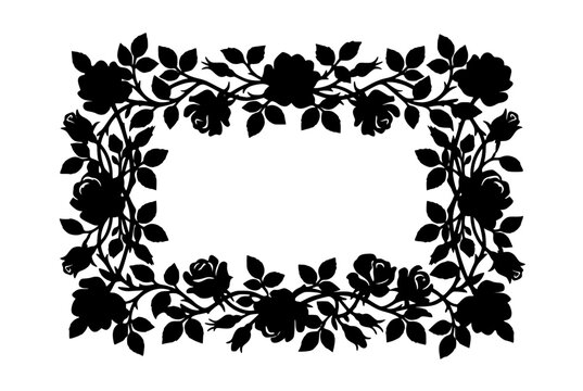 Black Rose Flower Silhouette Rectangular Decorative Frame Border
