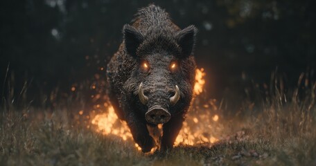 Naklejka premium Fiery wild boar emerging dynamic animal illustration in forest setting