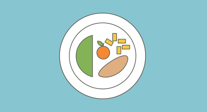 Minimalist flat illustration of a balanced plate with healthy food items.