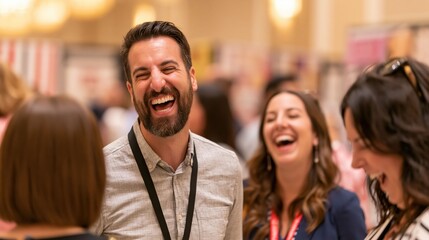 Obraz premium A cheerful group connects during a corporate event, highlighting business networking, personal chemistry, and positive meeting experiences.