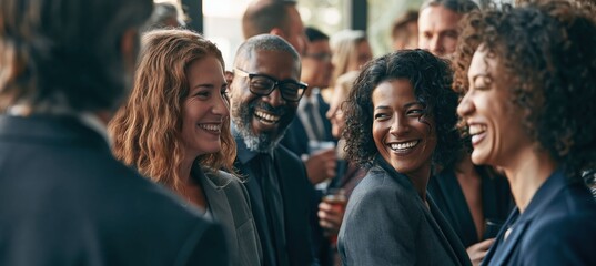Fototapeta premium A cheerful group connects during a corporate event, highlighting business networking, personal chemistry, and positive meeting experiences.
