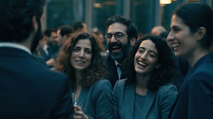 Fototapeta premium A cheerful group connects during a corporate event, highlighting business networking, personal chemistry, and positive meeting experiences.