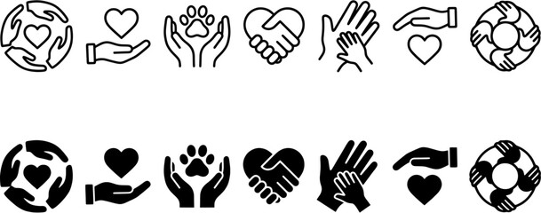 Fototapeta premium Charity and care icon set including hands protecting heart, animal paw and community unity symbols. Editable outline and solid vector shapes.